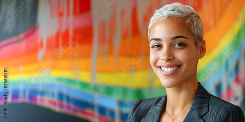 Short-haired LGBTQ businesswoma, strong leadership qualities, wearing a business suit, leading a meeting to support LGBTQ in the organization for Pride Month