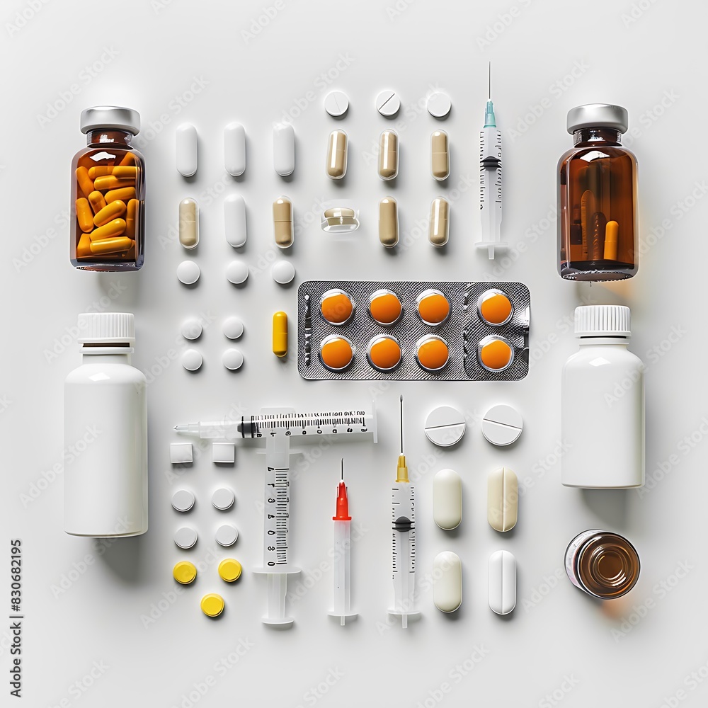 Medical supplies including pills, syringe, and bottles on white background Medical supplies including pills, syringe, and bottles on white background