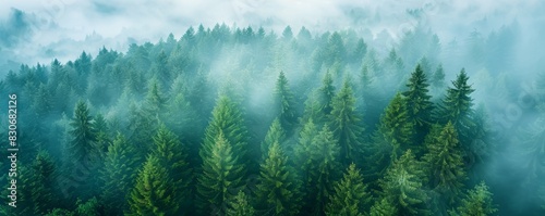 Misty Forest Aerial Photograph with Pine Trees. Foggy  Atmospheric Nature Background.