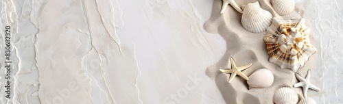 Light Grey Sand Background with Seashells and Starfish Banner © MD