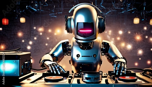 A metallic robot DJ with a glowing face screen, actively mixing music at a club with vibrant lights and turntables.. AI Generation
