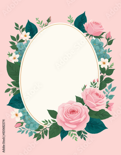 a round frame with pink roses and green leaves on a pink background © Thuan