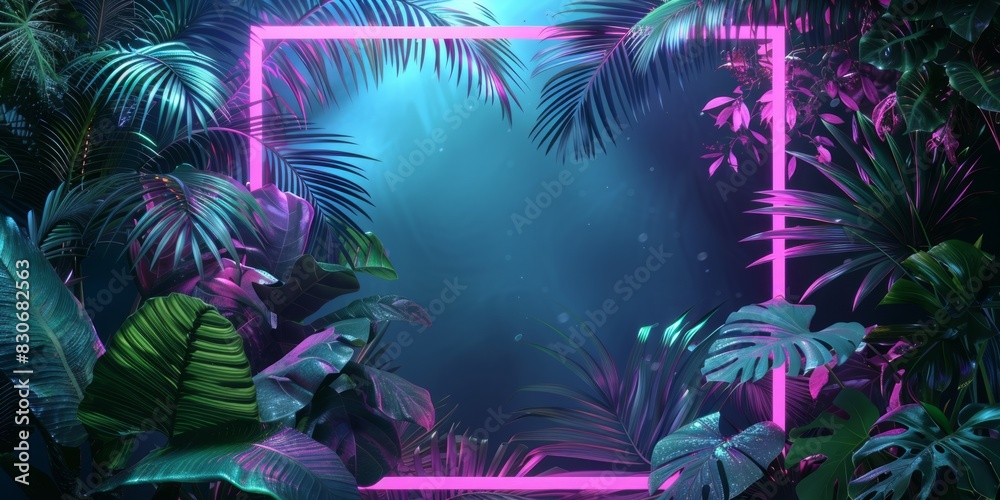 Tropical Plants Illuminated with Green and Purple Fluorescent Light. Exotic Environment with Square shaped Neon Frame.