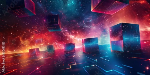 abstract illustration of geometric shapes and structures in colorful neon colors and lights in cyberspace against dark background