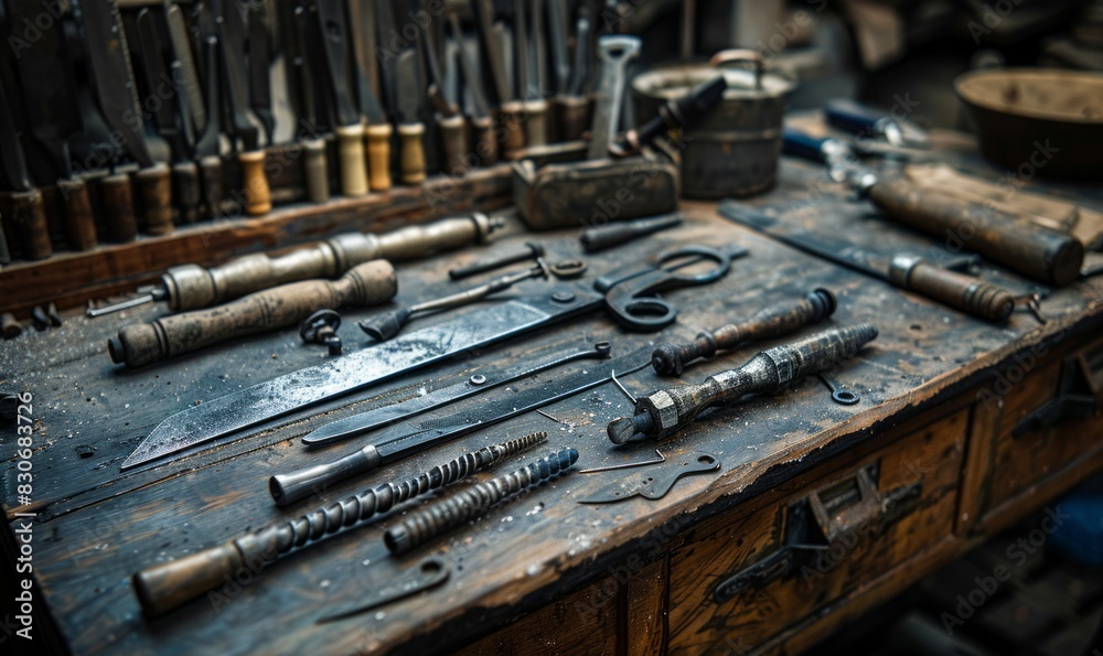 Metal tools at a glass blower's rustic wooden bench Metal tools at a glass blower's rustic wooden bench