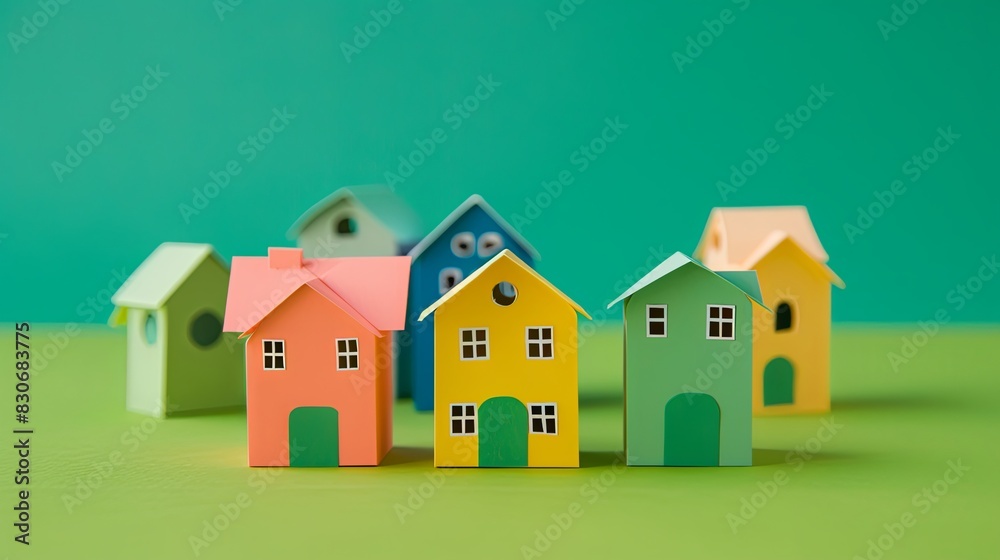 Colorful Paper Houses on Green Background Colorful Paper Houses on Green Background