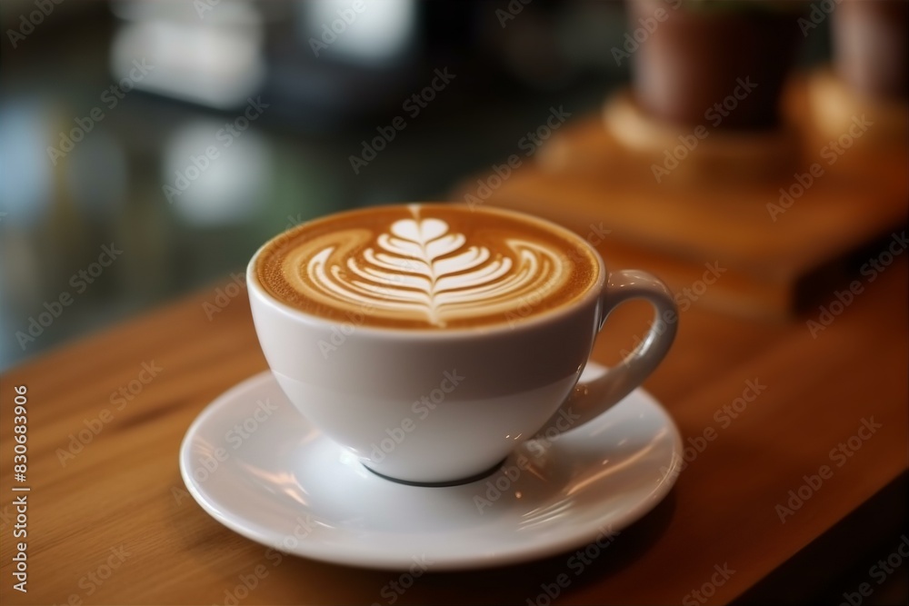 Aromatic latte art coffee in a white cup, perfect for a cozy morning.