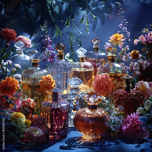 A Bouquet of Bottles  A Colorful Display of Perfumes and Flower Arrangement