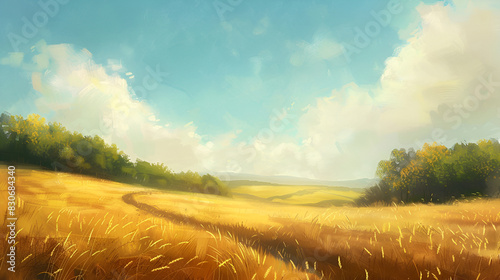 The blue sky is the backdrop to a field of ripe wheat in a beautiful,a golden wheat field with hills, depicted in a speedpainting style, showcases realistic landscapes with soft, tonal colorsa golden  photo