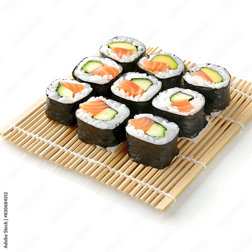 Fresh sushi on a bamboo mat against a white background Fresh sushi on a bamboo mat against a white background