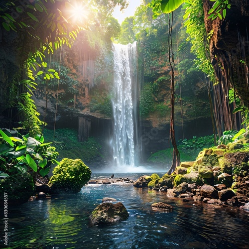 Tropical Paradise  A Serene Rainforest Scene with a Majestic Waterfall and Stream