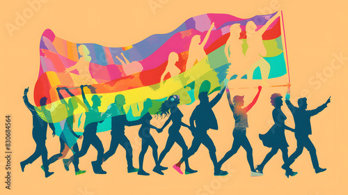pride people holding a rainbow flag and celebrating freedom vector illustration