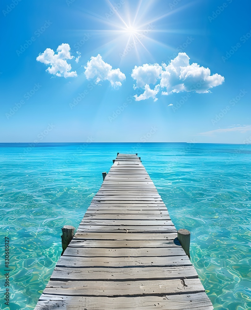 Obraz premium Wooden Pier Leading into Turquoise Caribbean Water Under Clear Sky