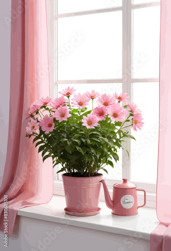 a potted plant with pink flowers on a window sill