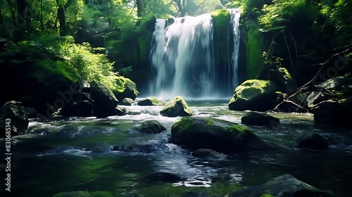 Waterfall Cascading Over Lush Greenery in a Hidden Grove