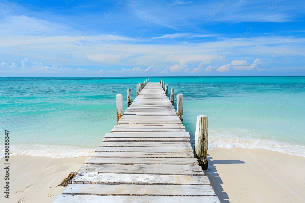 Obraz premium Wooden Pier Leading to White Sandy Beach with Turquoise Sea