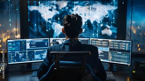 A person sitting in a dark room in front of a large computer screen with a map of the world on it