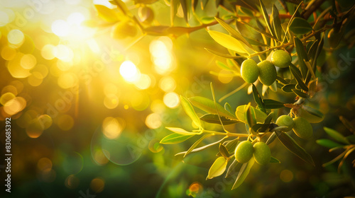 A beautiful olive tree branch with green olives against blurred nature background at sunset