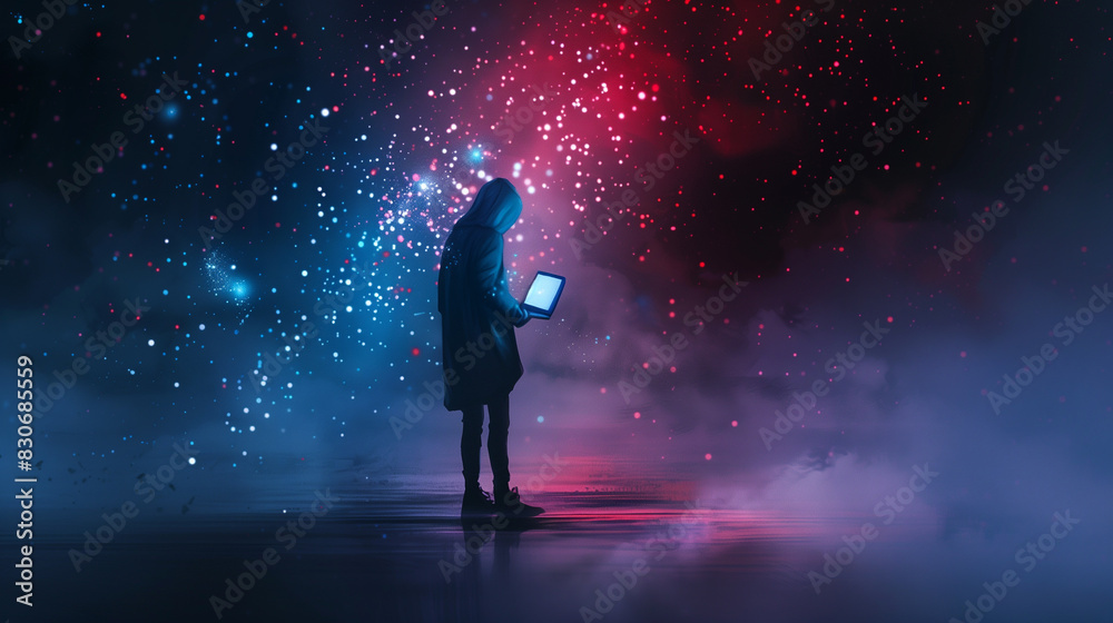 Silhouette of a person using a tablet against a glowing cosmic background, depicting technology and wonder. Silhouette of a person using a tablet against a glowing cosmic background, depicting technology and wonder.