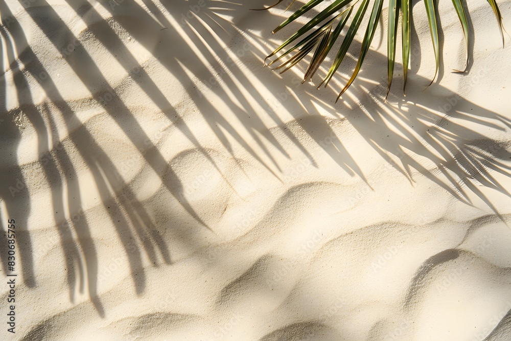Obraz premium Beige Sand Background with Palm Leaf Shadow, Space for Text