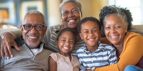 A multi-generational family of six, including grandparents and grandchildren, poses together for a portrait, smiling warmly and showcasing the joy and bond they share.