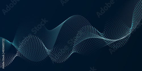 Abstract wavy dotted curved line dark blue background. vector futuristic background with particle waves Beautiful shaped array of glowing dots. abstract volume voice technology vibrate and music bg. 
