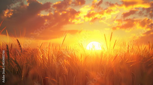 The sun is descending on the horizon, casting a warm golden glow over a vast field of wheat,Sunset over wheat field. Beautiful Nature Sunset Landscape photo