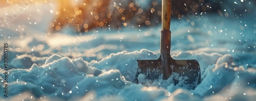 Close-up of a shovel in the snow with a blurred winter background. photo