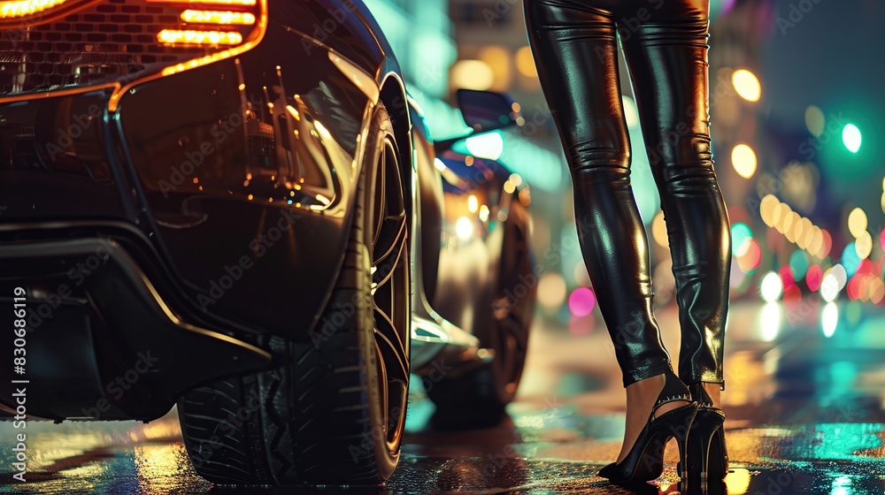 Closeup girl the wheels on both sides of the sport car with blurred city night background. Closeup girl the wheels on both sides of the sport car with blurred city night background.