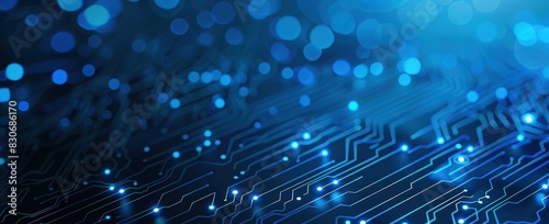 Abstract blue circuit board background with dots and lines.