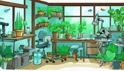 A vibrant botanical research lab filled with various plants and scientific equipment under bright natural light.. AI Generation