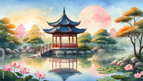 a painting of a pagoda in the middle of a pond