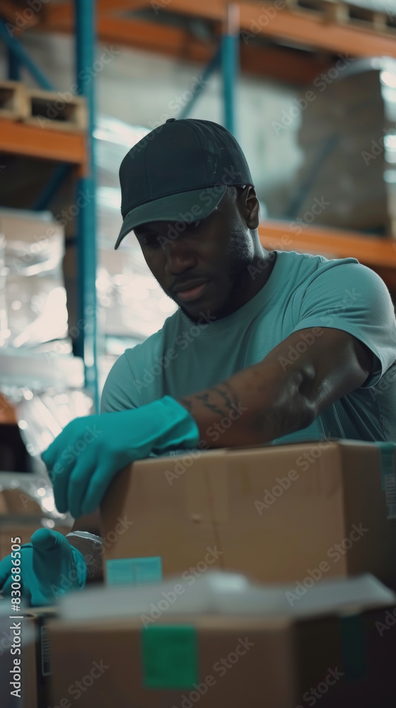 Worker in Warehouse Sorting Packages with Focus and Efficiency Worker in Warehouse Sorting Packages with Focus and Efficiency