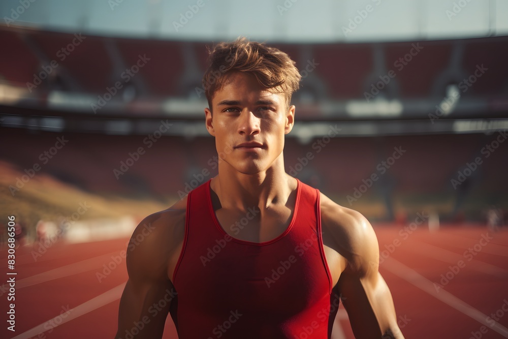 A young, muscular male athlete in a red tank top, standing on a track with a focused expression A young, muscular male athlete in a red tank top, standing on a track with a focused expression