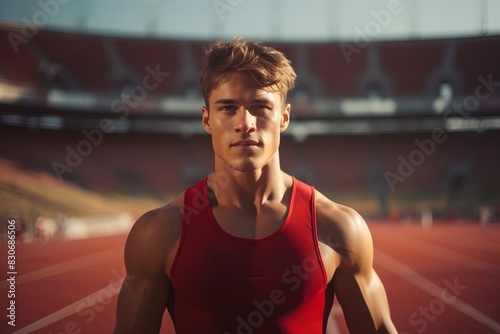 A young  muscular male athlete in a red tank top  standing on a track with a focused expression