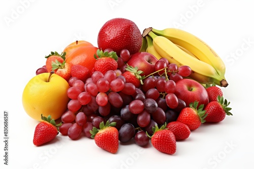 Assorted fresh fruits displayed together on white background for vibrant fruit arrangement