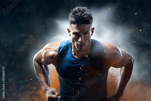 A muscular male athlete in a blue tank top, sprinting with a fierce expression