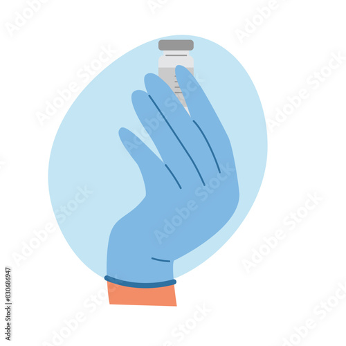 Doctor wearing sterile gloves holding ampoule with vaccine for injection. Health care concept