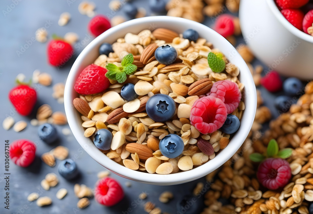A border made of muesli and mixed berries, with a bowl of muesli and berries in the center A border made of muesli and mixed berries, with a bowl of muesli and berries in the center