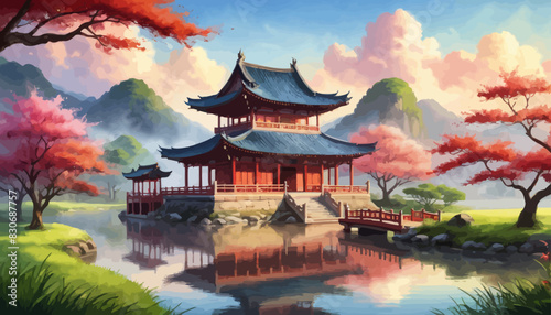 a painting of a pagoda by a pond