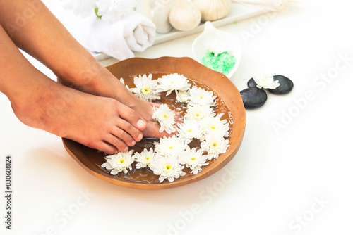 Spa massage compress balls, herbal ball on the wooden with treaments spa , Thailand photo