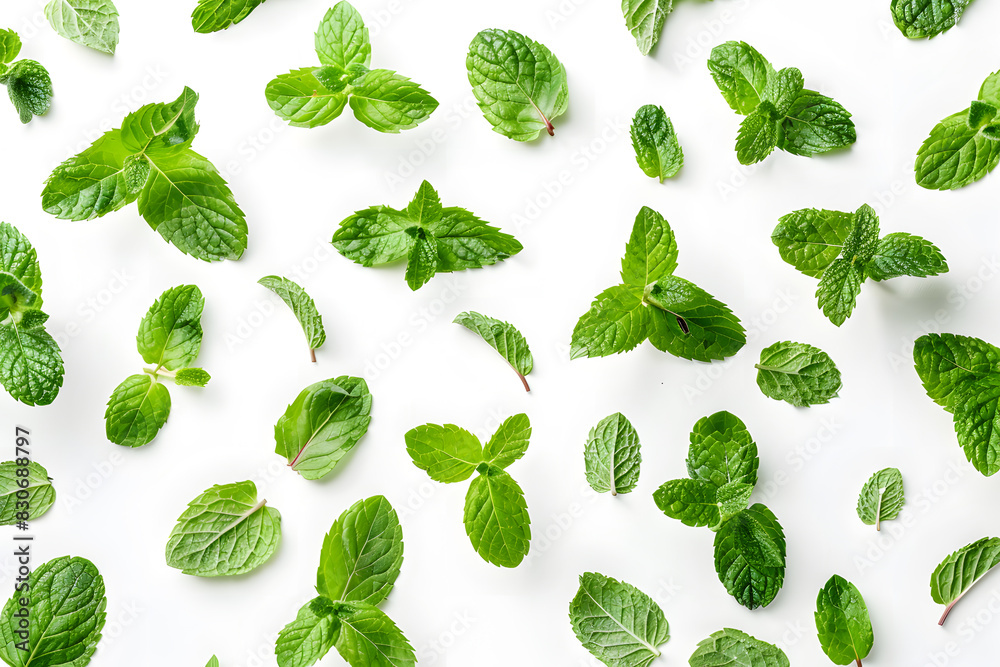 Fresh green mint leaves scattered on a white background