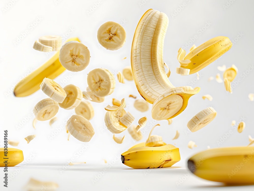Delicious banana slices in mid-air against a white background Delicious banana slices in mid-air against a white background