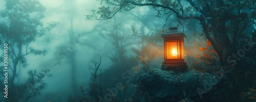Traditional lanterns that glow warmly in a misty forest © wpw