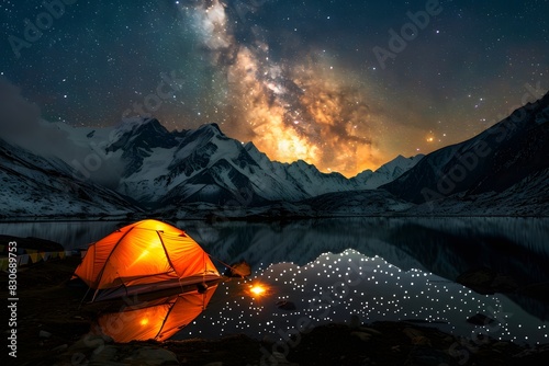 Camping Tent Under Starry Sky in Himalayas by Lake
