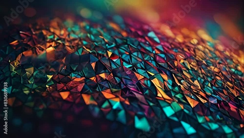 close-up view of textured surface composed of numerous small, triangular and polygon facets in shades of turquoise and purple and gold. abstract background photo