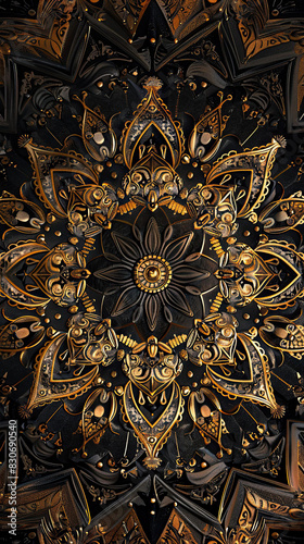 A detailed golden floral mandala with intricate patterns on a navy backdrop. Generate AI © VinaAmeliaGRPHIC