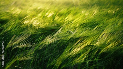 Tall green grass and crops swaying in the wind in a field