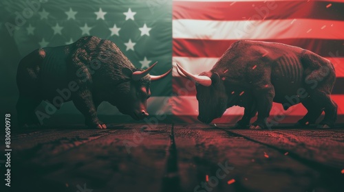 Stock market green red color economy. usa flag background. Trends economic Effect recession on US economy. Stock crash market exchange loss trading. Bull and bear fighting concept stock market photo