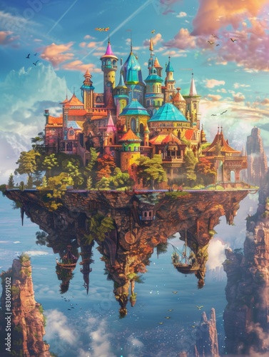 The floating island is decorated with colorful castles and inhabited by magical creatures.
